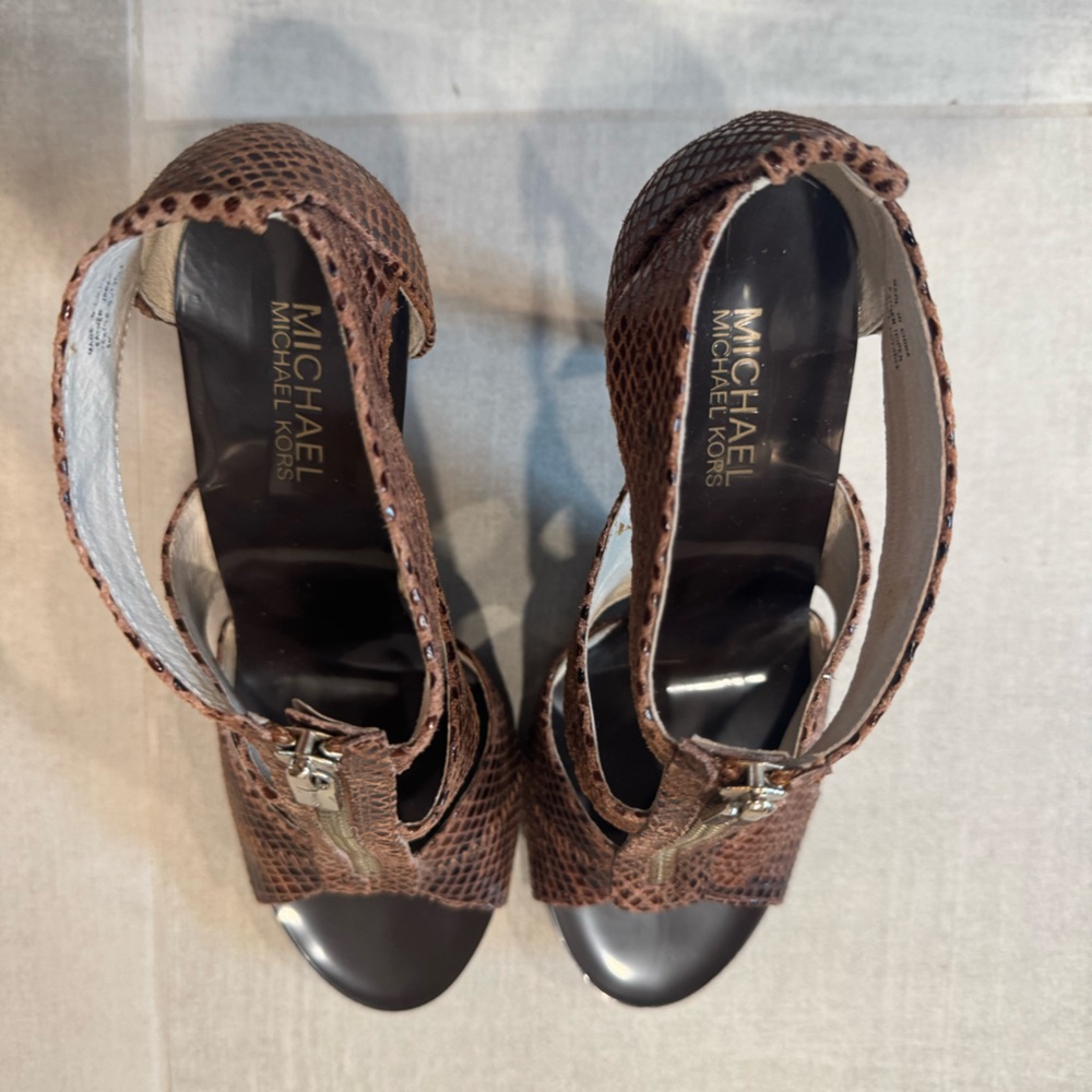 Michael Kors Snakeskin Leather/ Textile outsole/ 4" Heels/ Zipper Up Sandal - Picture 7 of 11